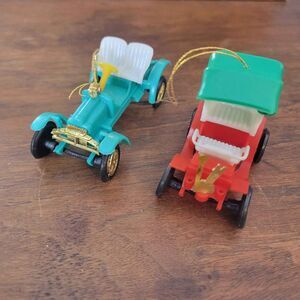 2 Vintage Plastic Car Christmas Ornaments Made in Hong Kong